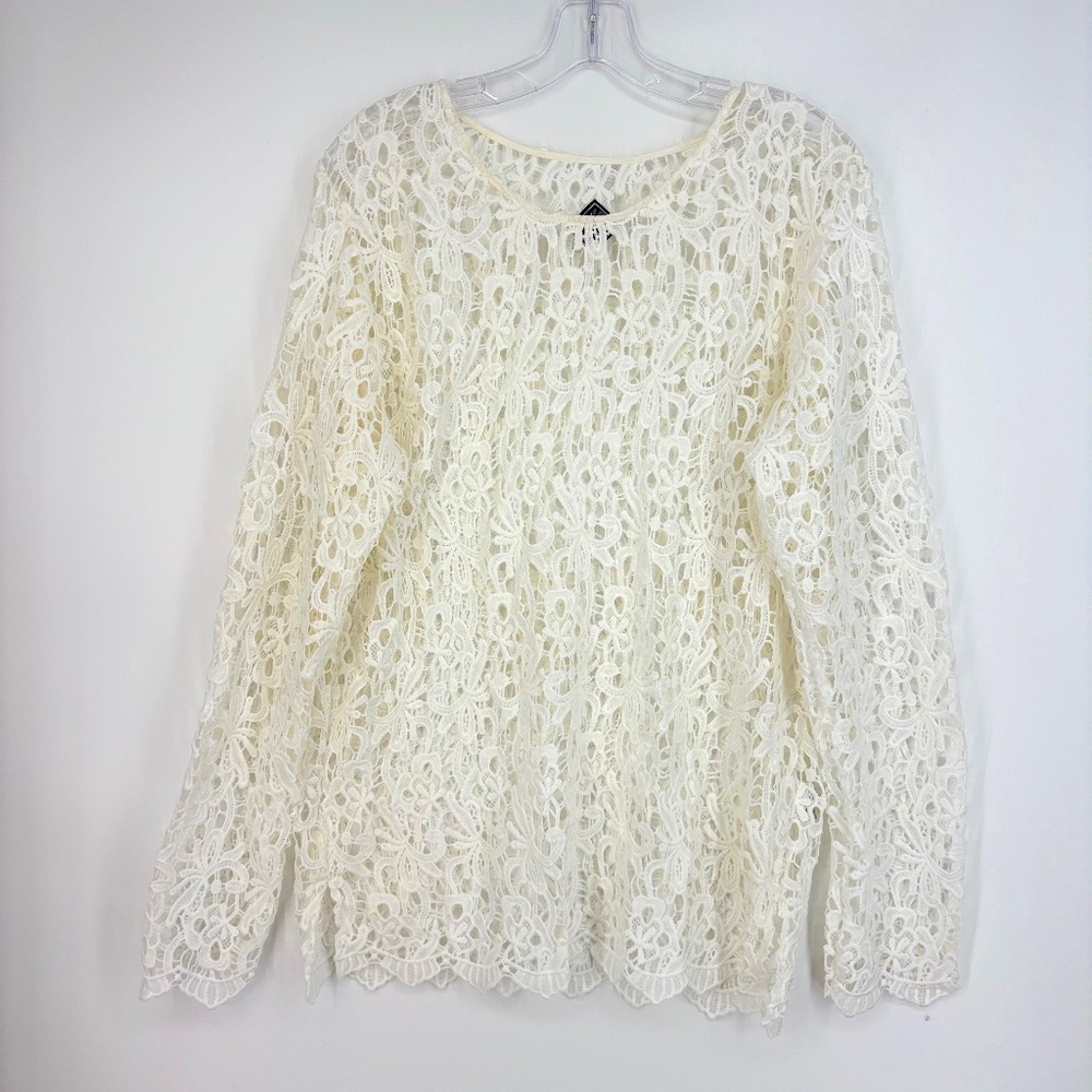 Blanc du Nil Womens Large T5 44 Pullover Crochet Tunic Top White Long Sleeves